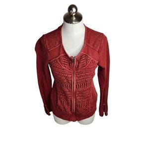 Lucky Brand Womens Sweater Small Red Cardigan Full Zip Crochet Lace Moto Boho